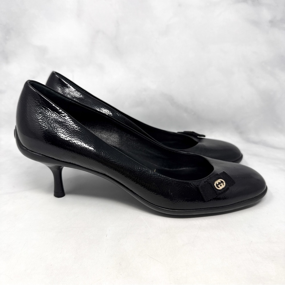 GUCCI Vintage Y2K GG Bow Patent Leather Low Kitten Heel Pumps Black Retro 36.5
